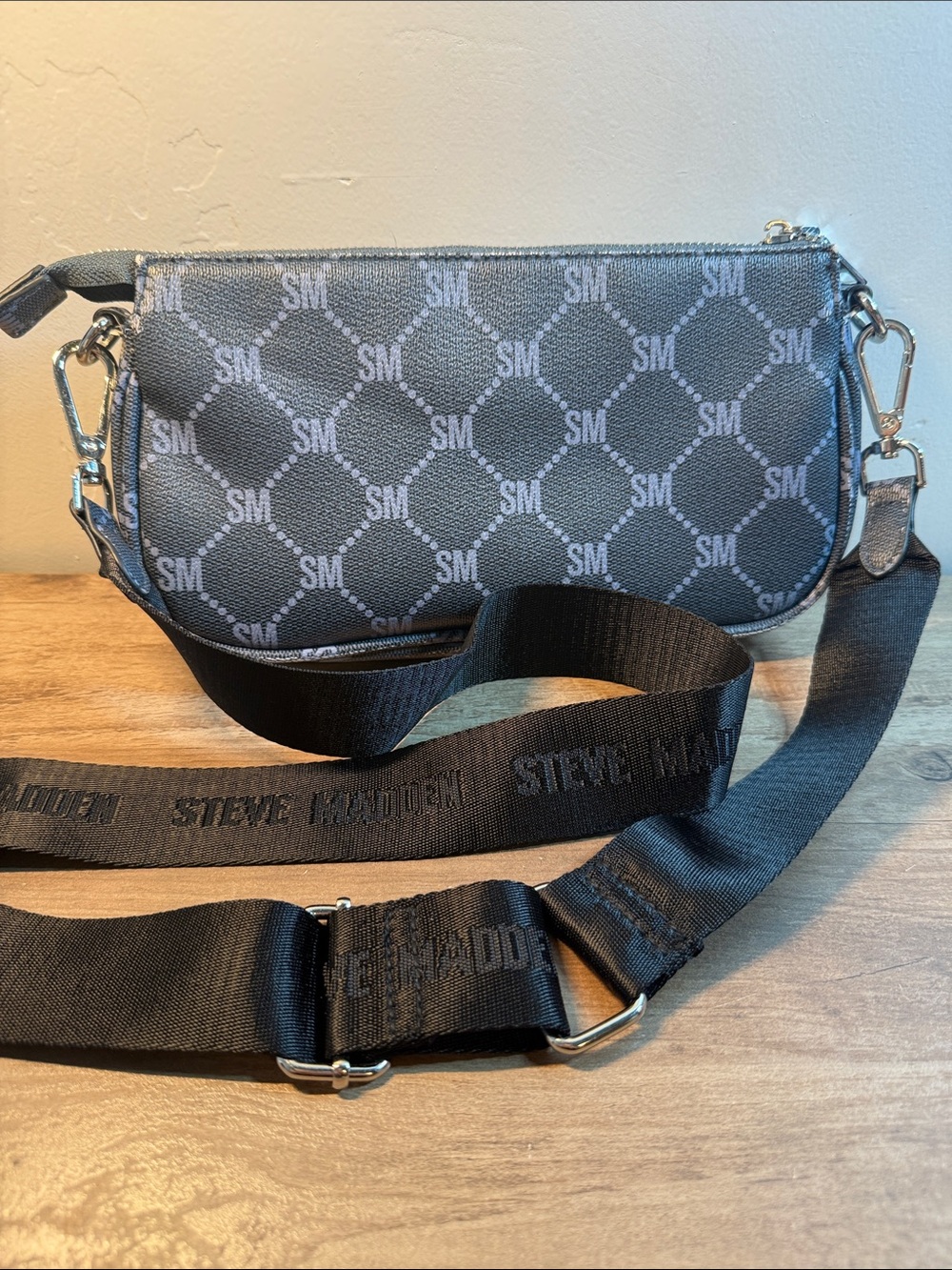 Steve Madden Black and Blue Monogram Belt Bag with Webbed Strap